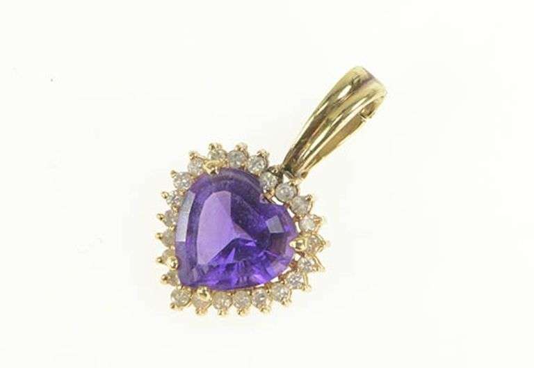 14K Yellow Gold Heart Amethyst Diamond Halo Love Symbol Pendant