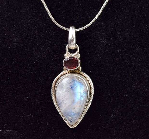 Superb Sterling Silver Moonstone and Ruby Gemstone Pendant Necklace