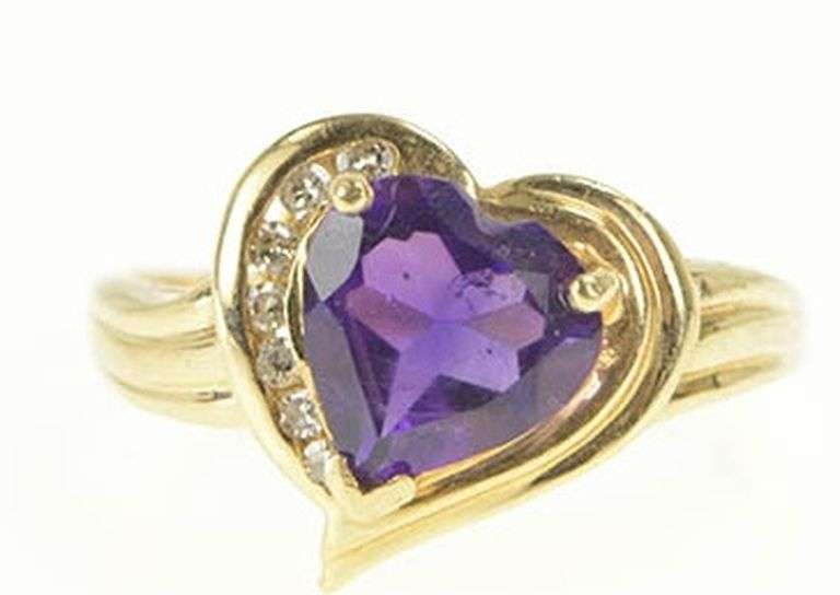 14K Yellow Gold Heart Amethyst Diamond Accent Love Symbol Ring