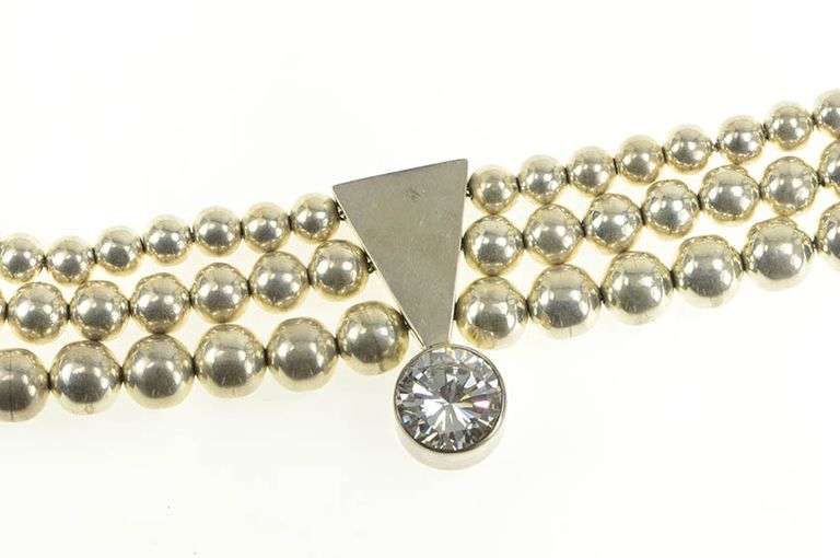 Sterling Silver 35.5mm Tiered Round Beaded Geometric CZ Necklace