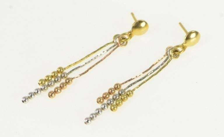 18K Yellow Gold Tri Tone Dangle Beaded Fringe Chain Earrings