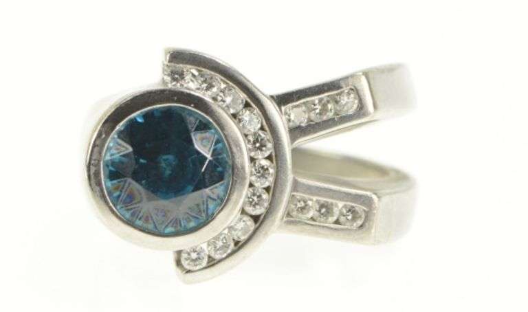 Palladium 4.18 Ctw Blue Zircon Diamond Geometric Ring