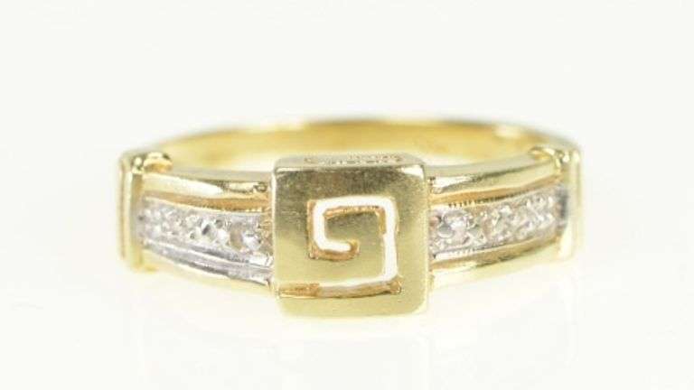 10K Yellow Gold Square Swirl Spiral Diamond Statement Ring