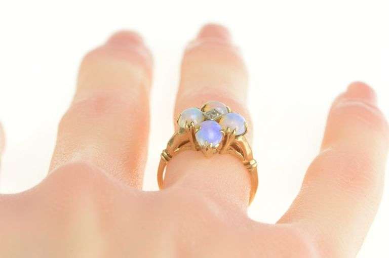 10K Yellow Gold Oval Opal Cabochon Diamond Cocktail Ring