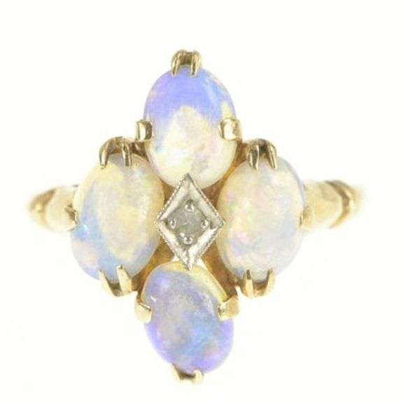 10K Yellow Gold Oval Opal Cabochon Diamond Cocktail Ring