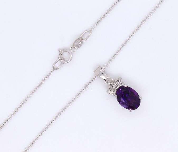 14kt White gold 1.20ctw amethyst and baguette diamond pendant on chain necklace