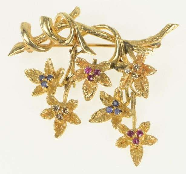 14K Yellow Gold Diamond Sapphire Ruby Leaf Fringe Pin/Brooch