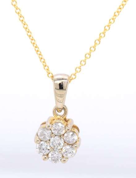 14kt Yellow gold diamond cluster pendant on chain necklace