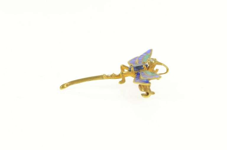 14K Yellow Gold 0.50 Ctw Sapphire Diamond Enamel Dragonfly Pin/Brooch