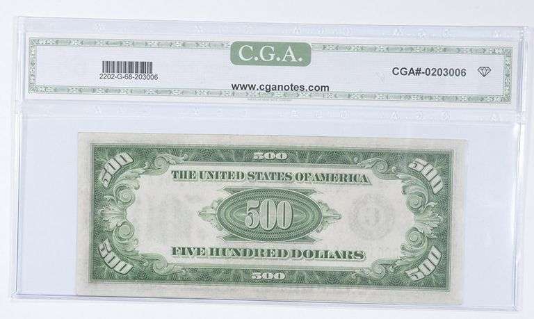 1934-A $500 FR#2202-G Federal Reserve Note Green Seal Grade CGA 68 Gem UNC