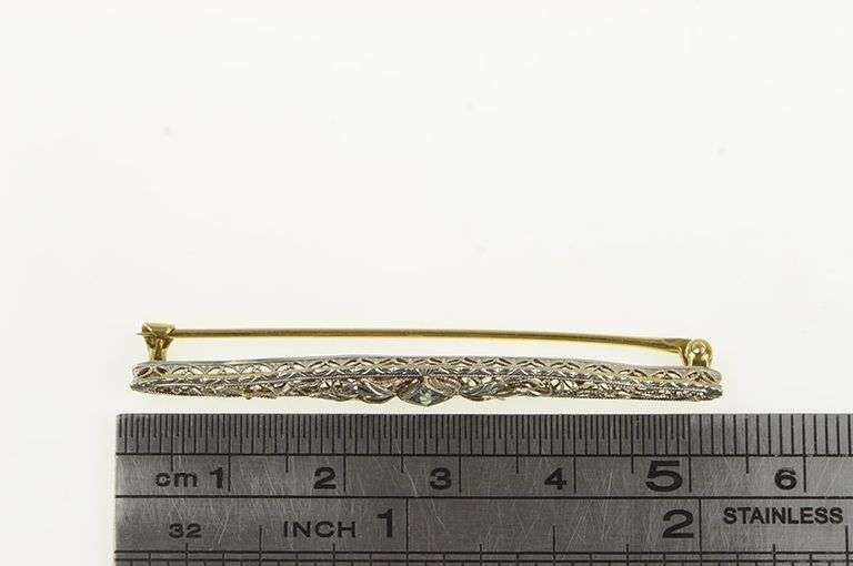 14K Yellow Gold Art Deco Filigree Blue Topaz Bar Pin/Brooch