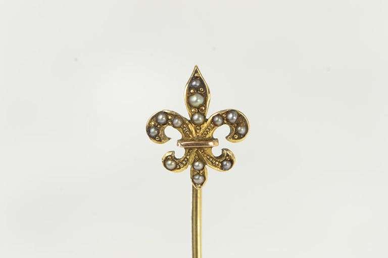 14K Yellow Gold Victorian Fleur De Lis Seed Pearl Stick Pin
