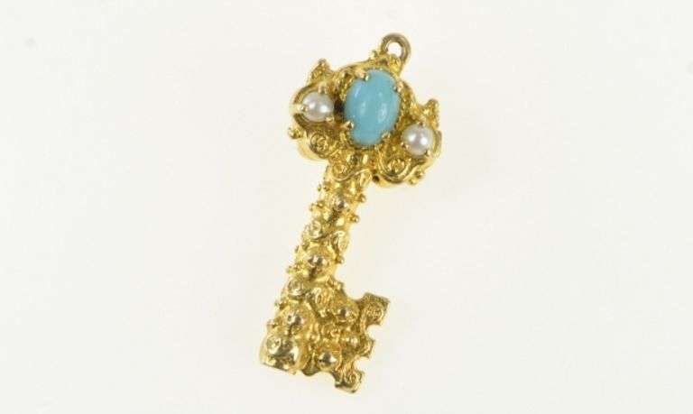 18K Yellow Gold Skeleton Key Turquoise Pearl Loyalty Charm/Pendant