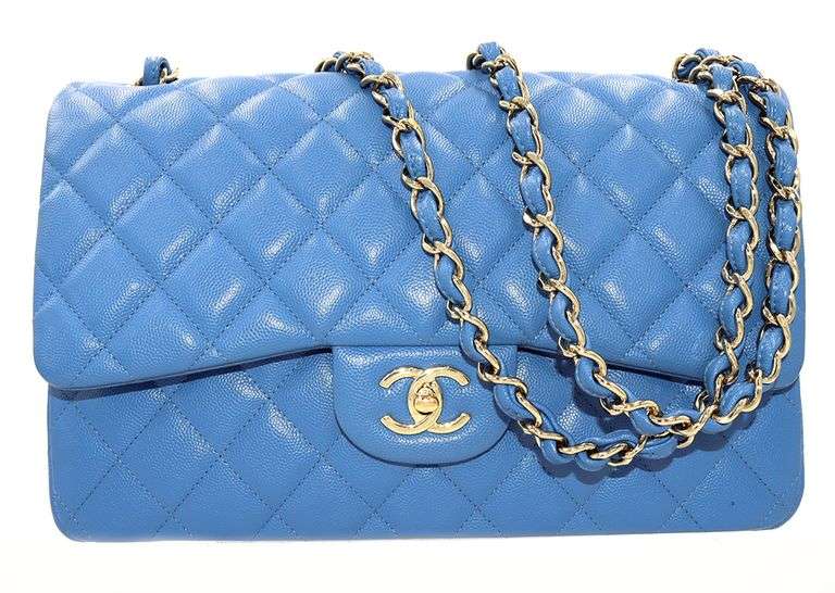 CHANEL Blue Quilted Jumbo Classic Double Flap, Caviar Leather Shoulder Bag W/ Dustbag & Card