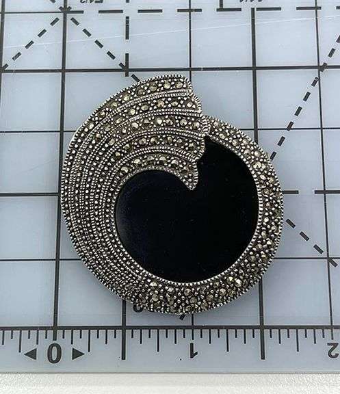 Vintage Sterling Silver Marcasite and Onyx Brooch Pin, Signed FAS 925