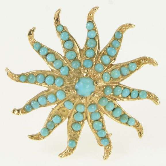 14K Yellow Gold Victorian Turquoise Ornate Sun Flower Pin/Brooch