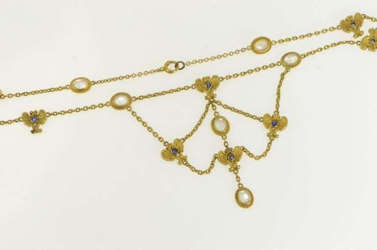 14K Yellow Gold Moonstone Sapphire Angel Wings Lavalier Necklace