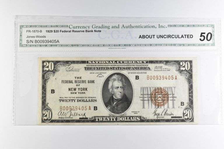 CGAI About Unc 50 $20 1929 NY, US Natl Currency Brown Seal FR-1870-B
