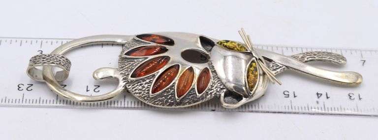 Vintage 925 sterling silver Amber cat pendant