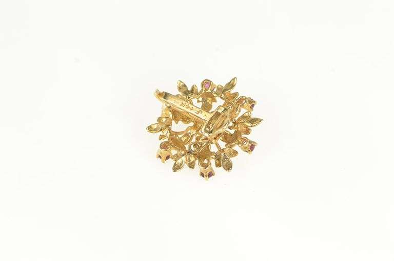 14K Yellow Gold 1960's Pearl Ruby Ornate Floral Round Pin/Brooch