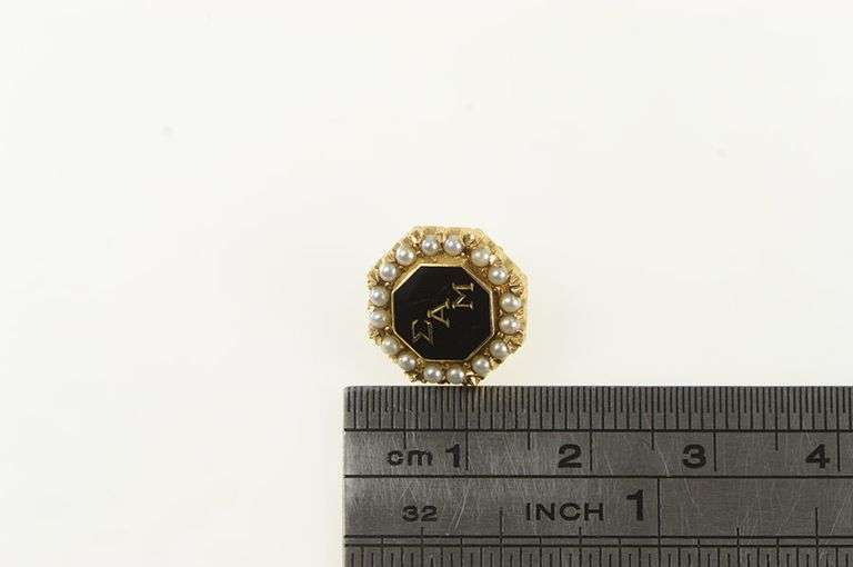 14K Yellow Gold Sigma Alpha Mu Enamel Seed Pearl Lapel Pin/Brooch
