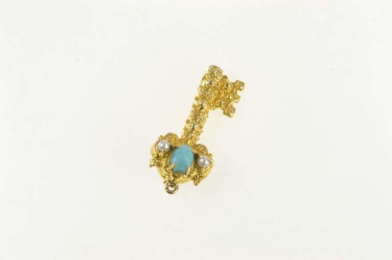 18K Yellow Gold Skeleton Key Turquoise Pearl Loyalty Charm/Pendant