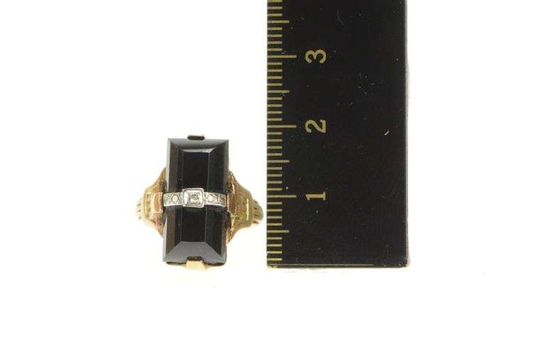 10K Yellow Gold Art Deco Black Onyx Diamond Ornate Statement Ring