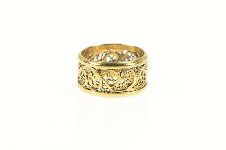 14K Yellow Gold Ornate Scroll Swirl Filigree Statement Band Ring