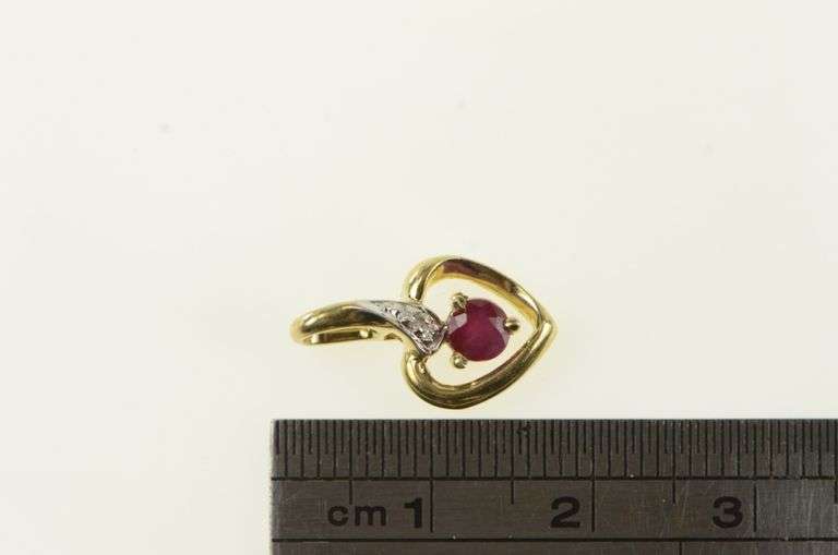 10K Yellow Gold Heart Ruby Diamond Accent Vintage Pendant