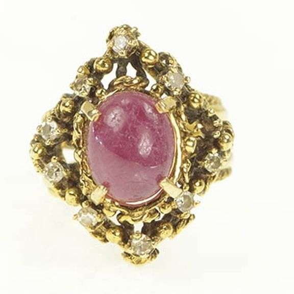 14K Yellow Gold 4.27 Ctw Ruby Cabochon Diamond Cocktail Ring