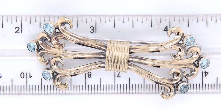 925 Sterling silver and gold blue synthetic stone brooch