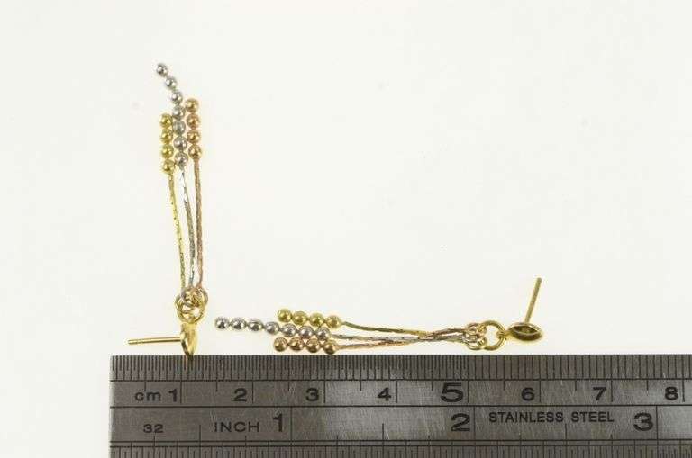 18K Yellow Gold Tri Tone Dangle Beaded Fringe Chain Earrings