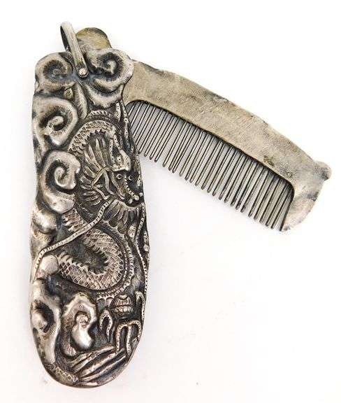 Antique Silver Dragon Comb & Case