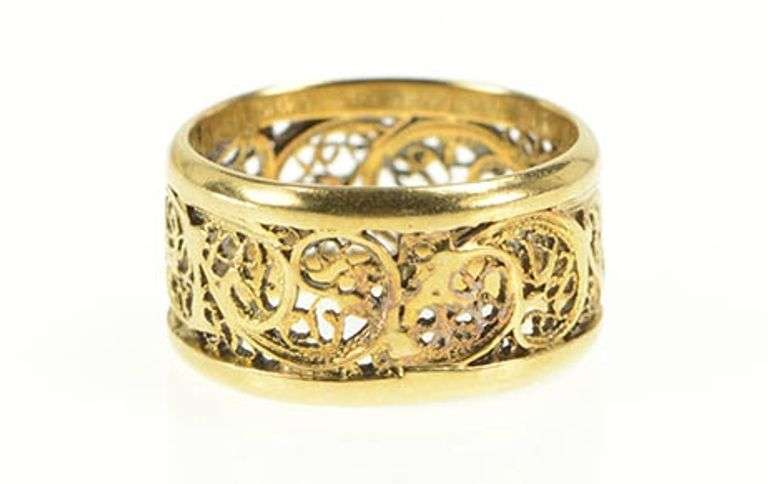 14K Yellow Gold Ornate Scroll Swirl Filigree Statement Band Ring