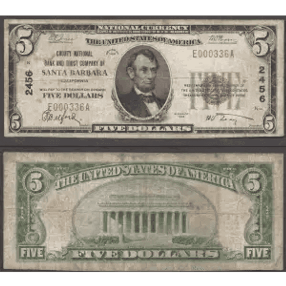 $5 1929 COUNTY NATIONAL BANK & TRUST CO. SANTA BARBARA, CA CH #2456 FINE