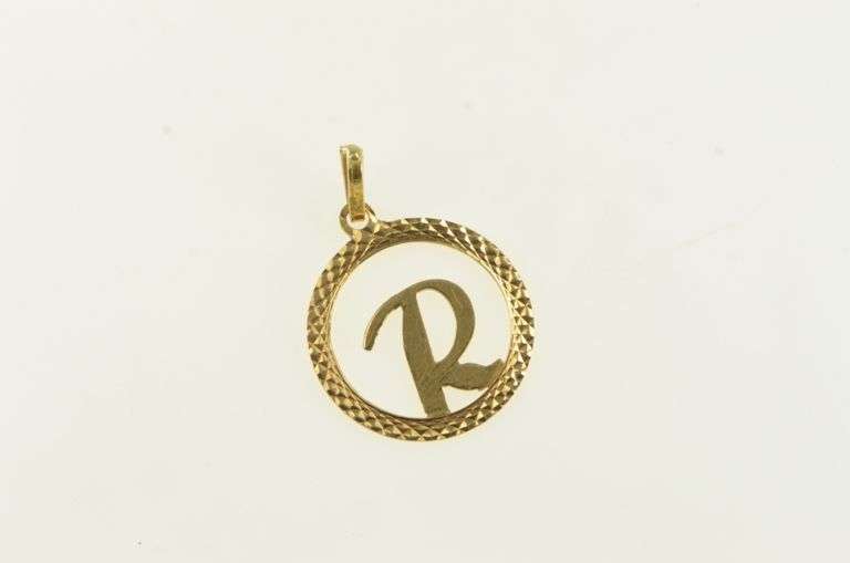 18K Yellow Gold R Cursive Letter Initial Monogram Name Charm/Pendant