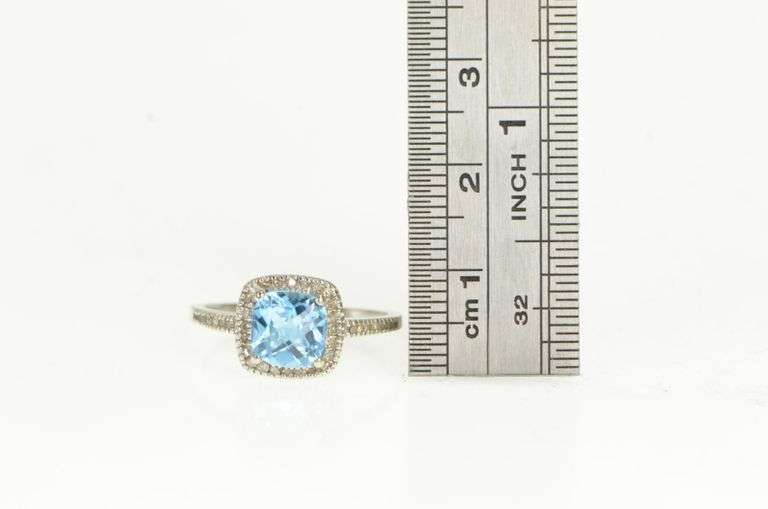 10K White Gold Cushion Blue Topaz Diamond Halo Ring