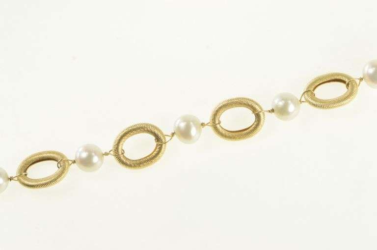 14K Yellow Gold Retro Oval Pearl Link Vintage Chain Bracelet