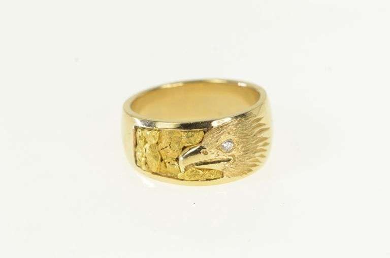 14K Yellow Gold Diamond Eyed Eagle 24k Nugget Men's Ring