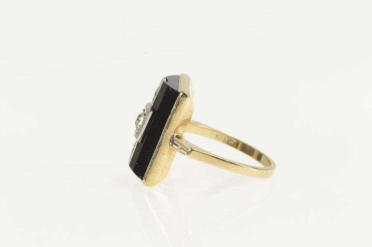 10K Yellow Gold 1950's Black Onyx CZ Diamond Statement Ring