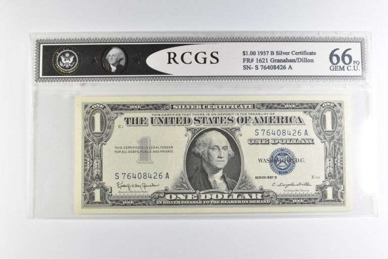 RCGS Gem CU 66 PQ $1 1957-B US Silver Certificate Blue Seal FR#1621