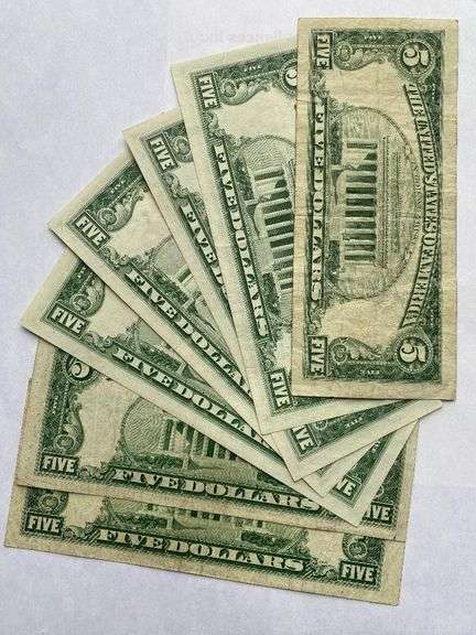 7 Red Seal $5 US Notes