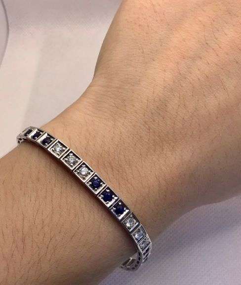ART DECO 14K WHITE GOLD SAPPHIRE AND DIAMOND TENNIS BRACELET