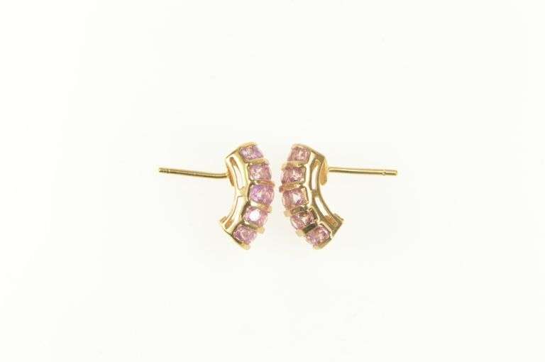 14K Yellow Gold Pink CZ Encrusted Curved Bar Statement Earrings