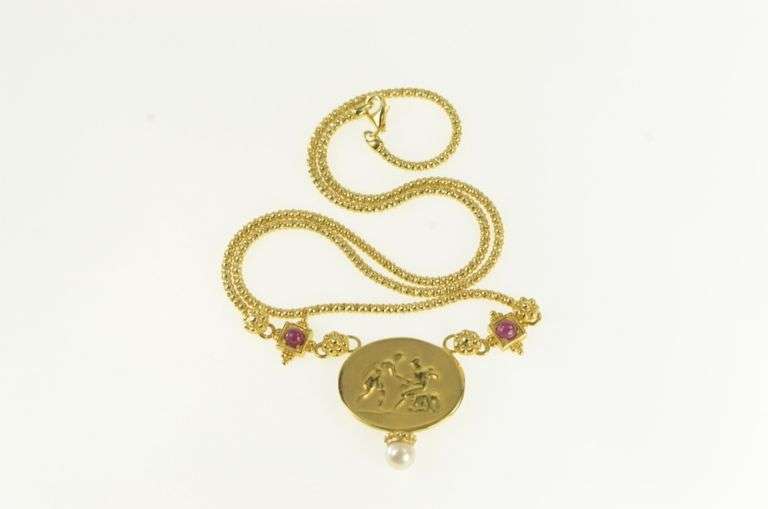 18K Yellow Gold Designer Roman Revival Ornate Ruby Necklace