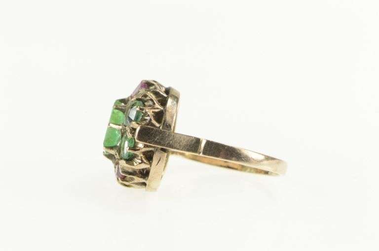 14K Yellow Gold Victorian Emerald Pink Sapphire Oval Cocktail Ring