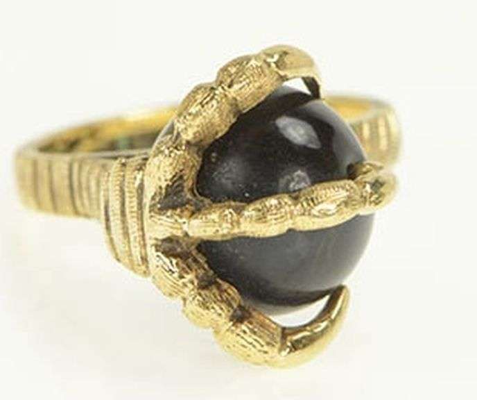 14K Yellow Gold 1940's Black Cat's Eye Dragon Eagle Claw Ring