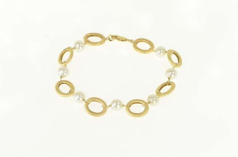 14K Yellow Gold Retro Oval Pearl Link Vintage Chain Bracelet