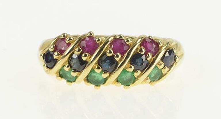 14K Yellow Gold Natural Emerald Ruby Sapphire Striped Band Ring