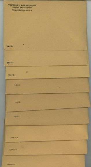 Fresh lot of 9 UNOPENED Silver Proof Sets in original envelopes: 3 1961, 3 1962, & 3 1964